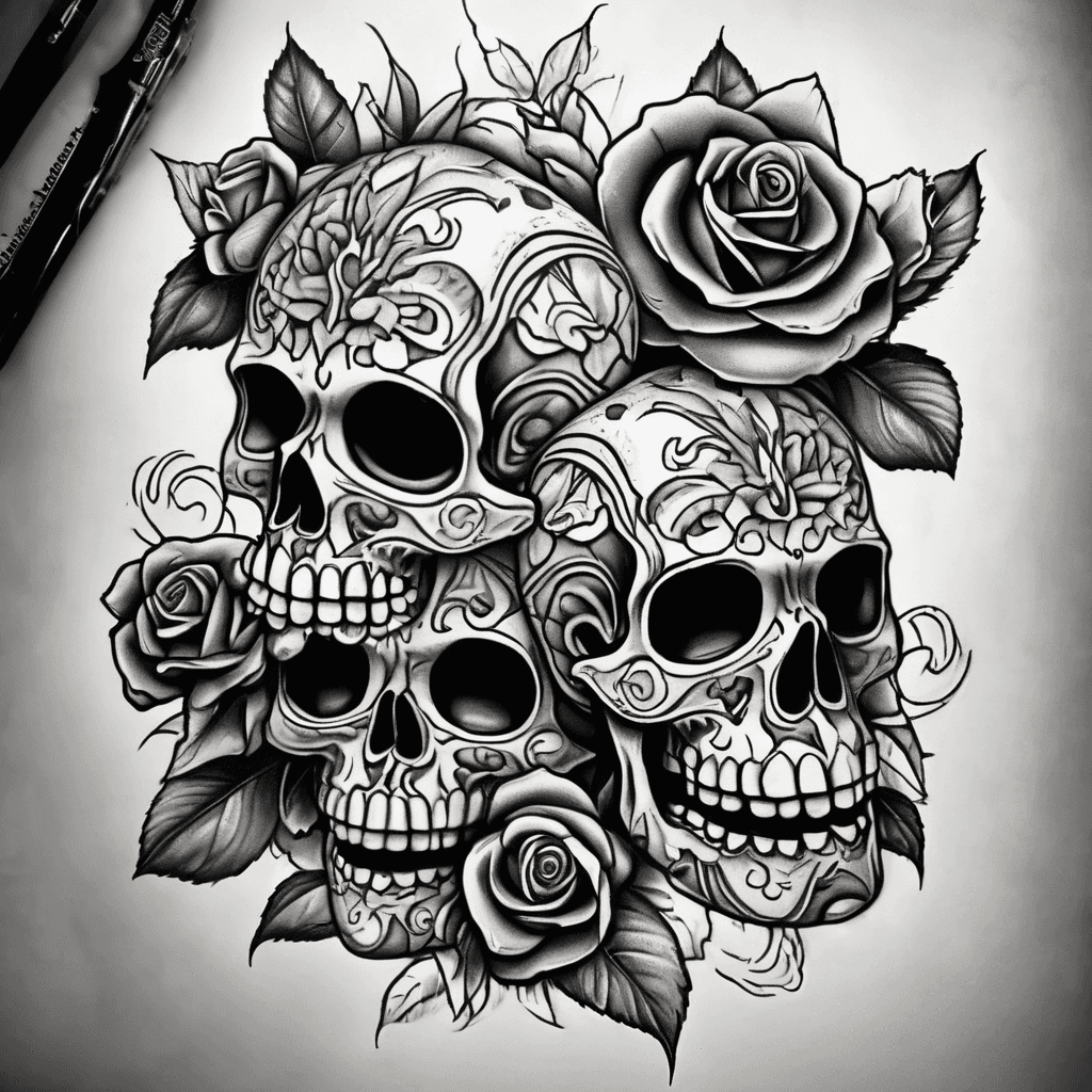 Three stacked sugar skulls with stitched details and dark roses in a gothic tattoo design symbolizing see no evil speak no evil and hear no evil