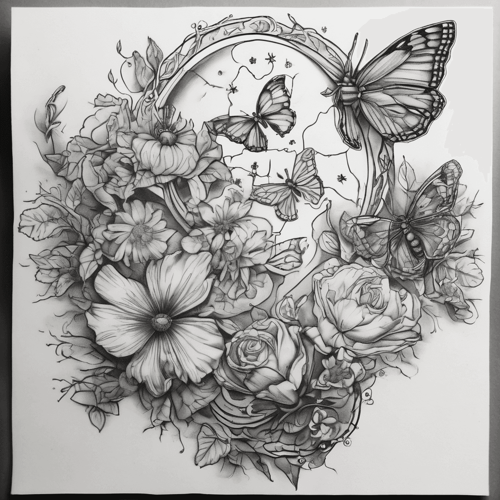 Wildflower bunch, two little heart lockets one with Niyah on one side and 10.18 on the other and one locket with Noa on one side and 07.01 on the other, little butterflies throughout the piece and a waning crescent moon and sun settled into the piece somewhere