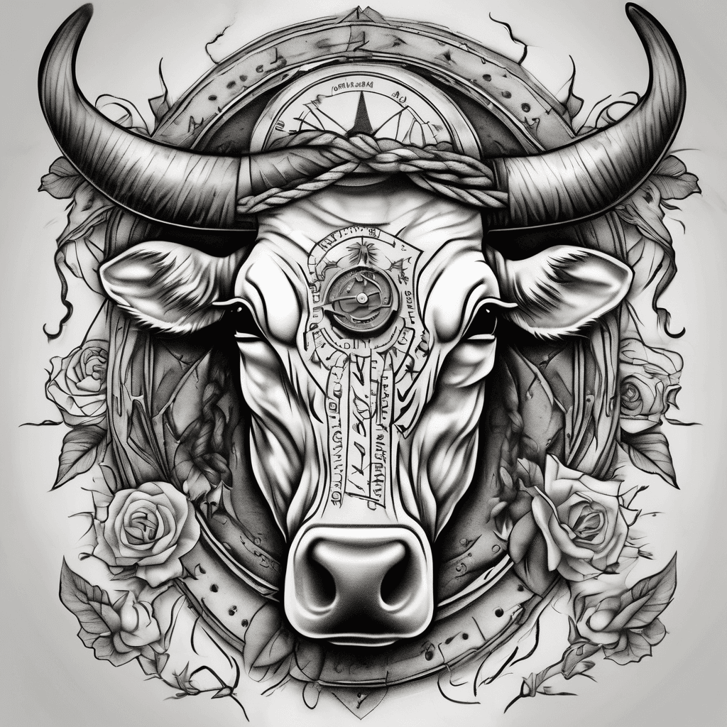 Make me a picture of a tooled leather forearm sleeve tatto with a cow skull, cow tags, a compass, with a worn rope with several knots symbolizing being battered but still tied to it