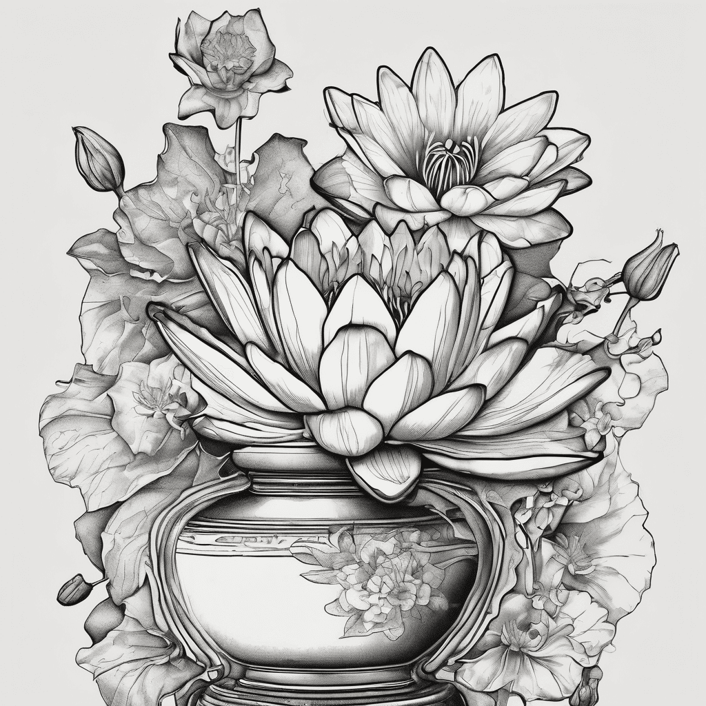 Water lily and larkspur flowers in a vintage Italian vase with the bottom broken out of it And have perfume pouring out of it