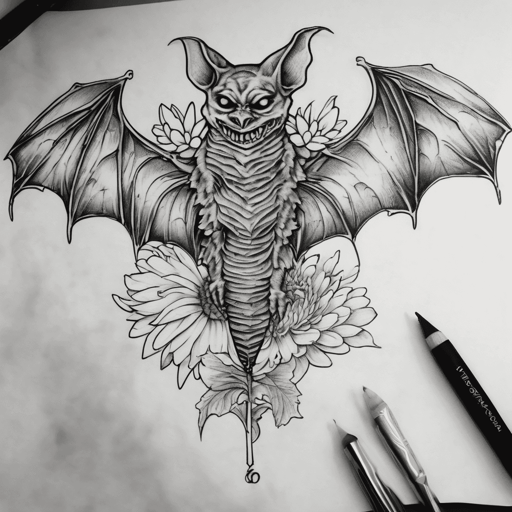 Upside down bat with chrysanthemums and Roman numerals XI.XXIII.MMXXV