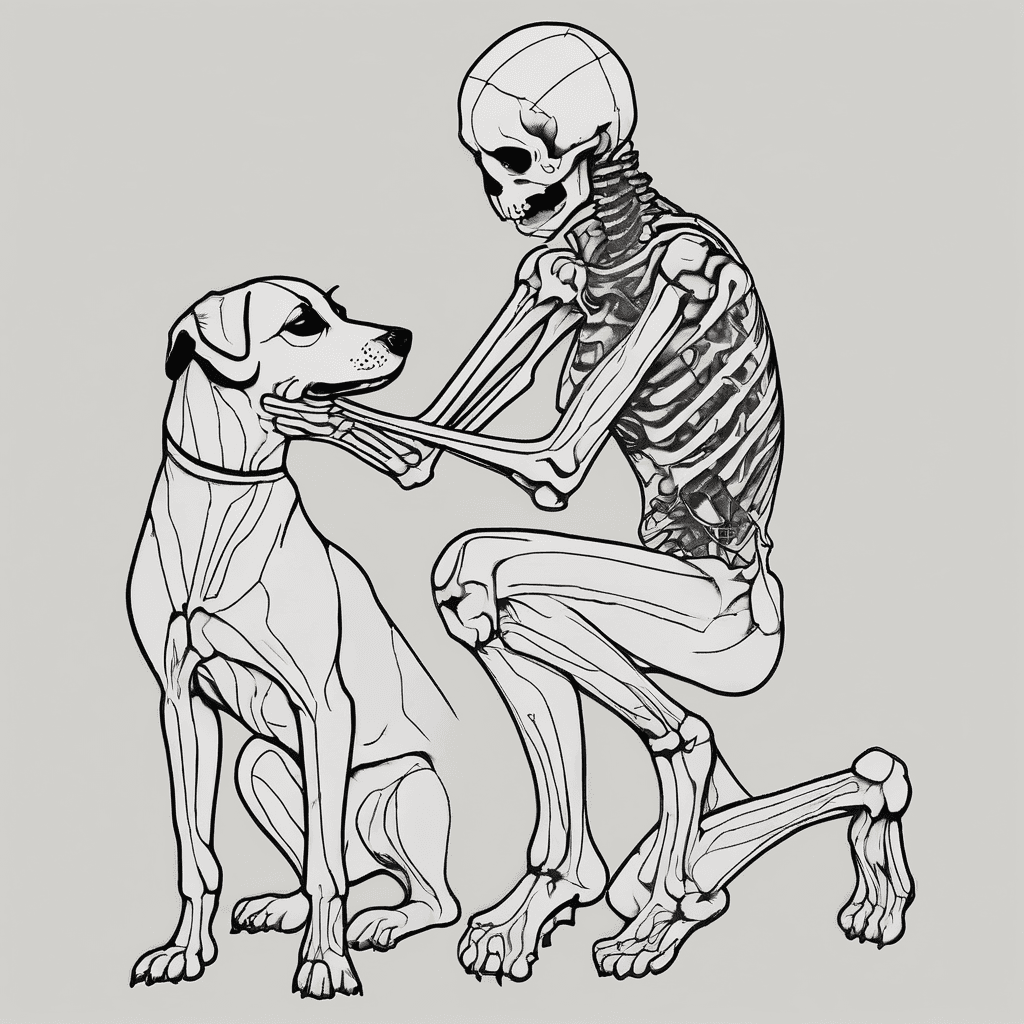 fine line tattoo design, kneeling skeleton hugging a Jack Russell Terrier, small dog with white body and brown and black facial markings, emotional moment, minimalist black ink tattoo, delicate linework, tattoo stencil composition