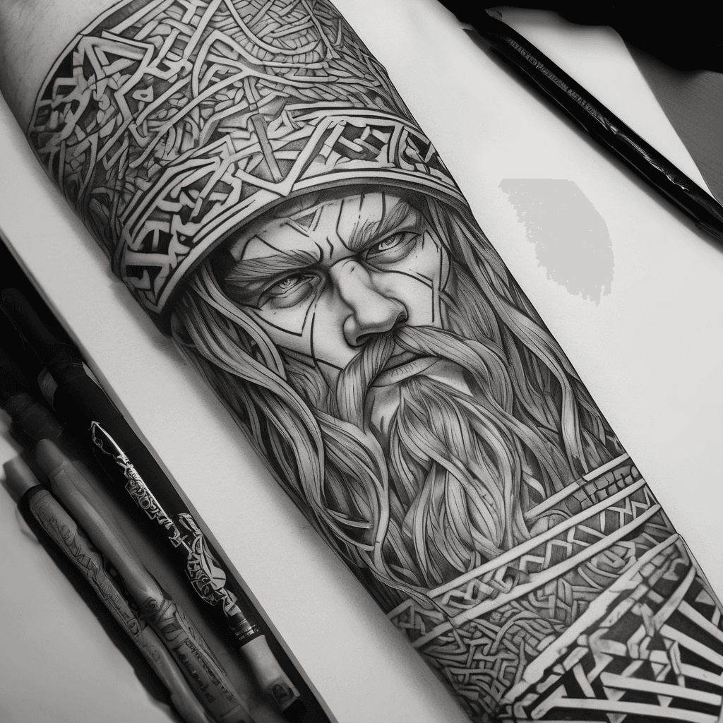 Viking geometric band tattoo with interlocking Norse patterns and angular designs, blackwork style with fine lines, outer forearm placement below elbow, wraps slightly around arm, stencil-friendly, medium detail level, complements existing Viking and Japanese sleeve work