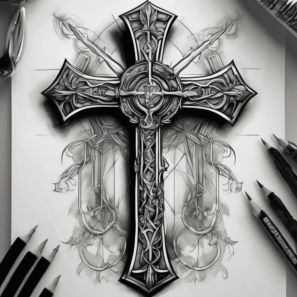 a cross that is also a sword the point faces out wards see the flesh in the center of the cross with 8 circles between the cross members