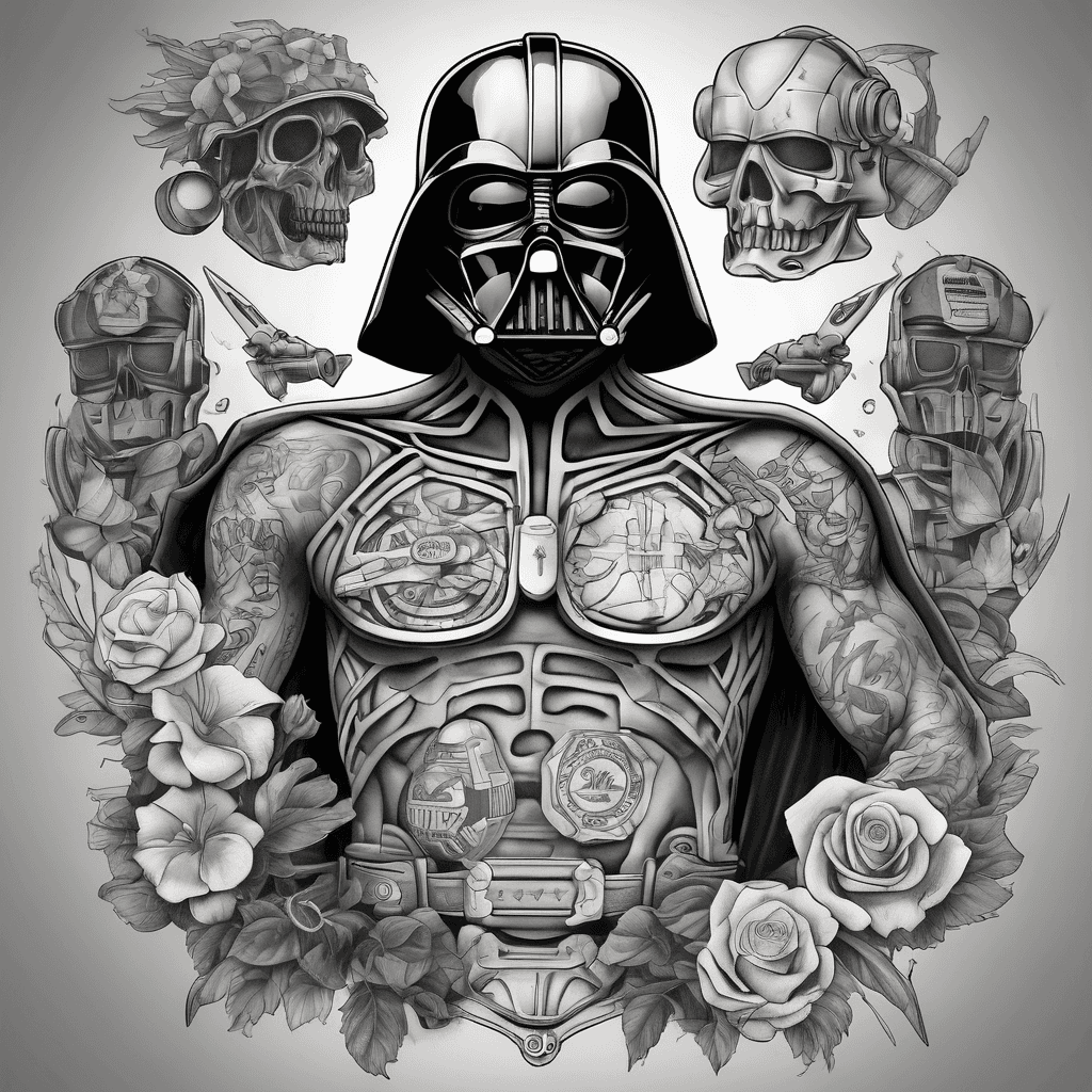 "A high-resolution, realistic mockup of a man's chest with an existing black and grey patchwork tattoo collection. The tattoos include a Darth Vader helmet, a Stormtrooper helmet, a central lollipop with a chain, a scythe on the side, and Old English text that says 'weak' in the center. NEW FILLER ADDITIONS: An ornate vertical dagger running through the center sternum behind the 'weak' text; symmetrical moths on both collarbones framing the top; and small 'jammers' like tiny stars, dots, and mini skulls filling the irregular gaps between the main pieces. Style: cohesive blackwork traditional patchwork with consistent line weights