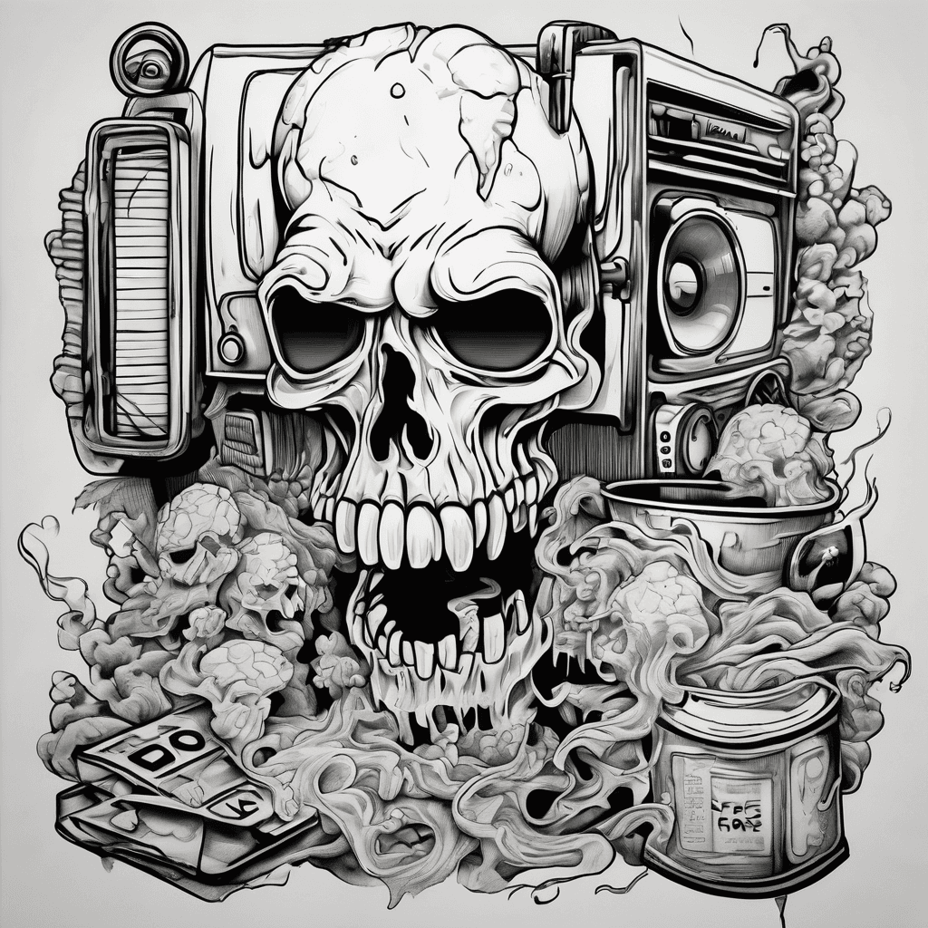Create tattoo flash designs based on movies and tv pop culture such as VHS tape melting Popcorn bucket with monster teeth Haunted TV with ghost coming out Director clapperboard with skull Alien watching Netflix