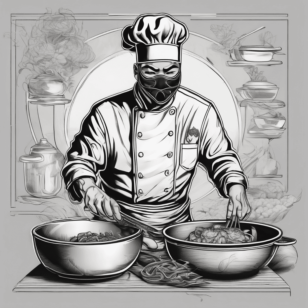 Chef cooking in a wok wearing a hanya mask
