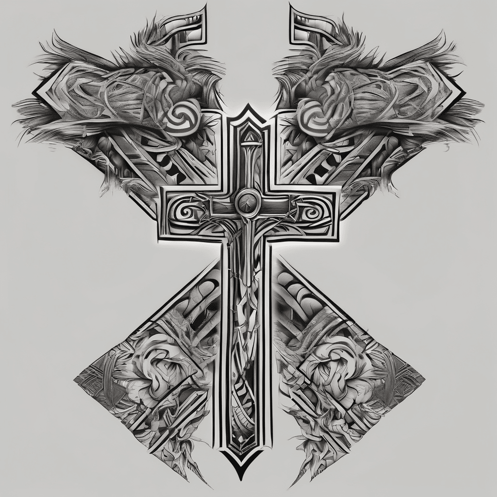 dark tribal sleeve with cross and Caribbean influence