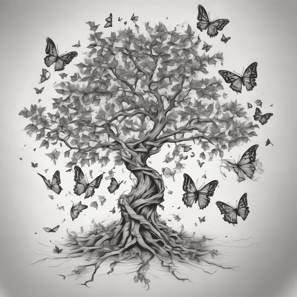 A tree but the branches are twisted forming 7 butterflies, falling from the first butterfly is 1 leaf, falling from the second butterfly is 2 leaves, falling from the 3rd butterfly is 1 leaf, falling from the 4th butterfly are 0 leaves, falling from the 5th butterfly are 3 leaves, falling from the 6th butterfly are 0 leaves, falling from the last butterfly are 0 leaves
