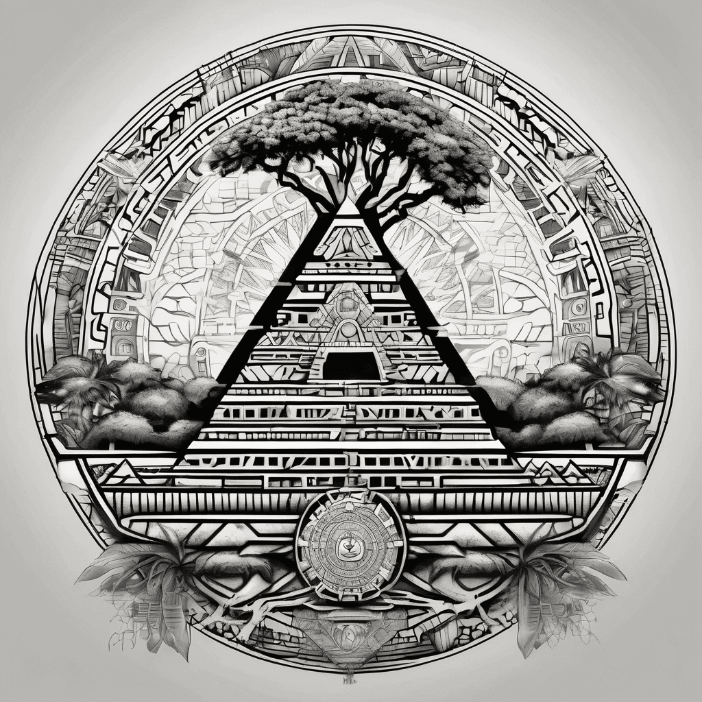 Aztec pyramids with tree of life growing out of it , and the Aztec calendar