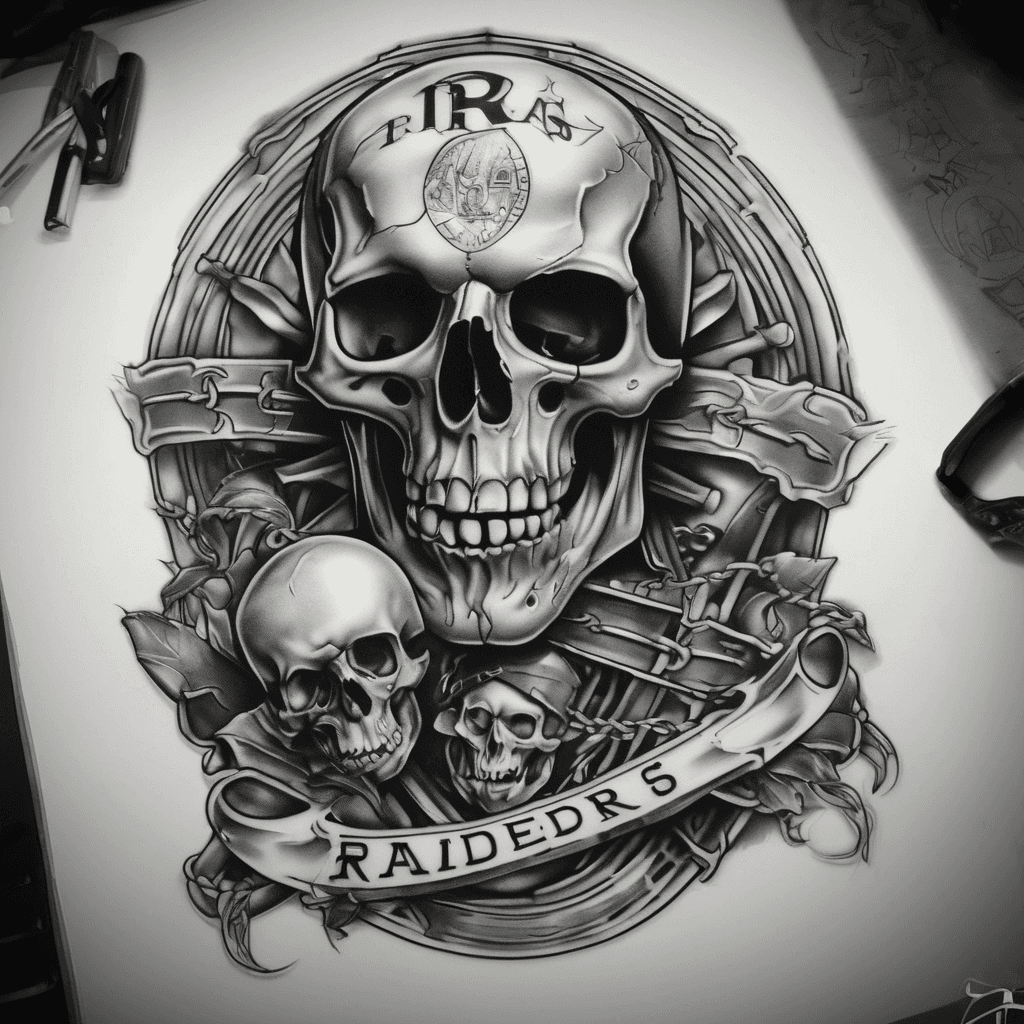 Horizontal forearm tattoo design, black and grey realism. The word 'RAIDERS' in bold, heavy Chicano-style script, ensuring the 'S' is clearly visible and styled. To the right, a realistic human skull with a pirate eyepatch. A skeletal hand is hooked into the metal bars of a football face mask, pulling it down to reveal the skull. Smooth smoky transitions, high contrast, clean white background."