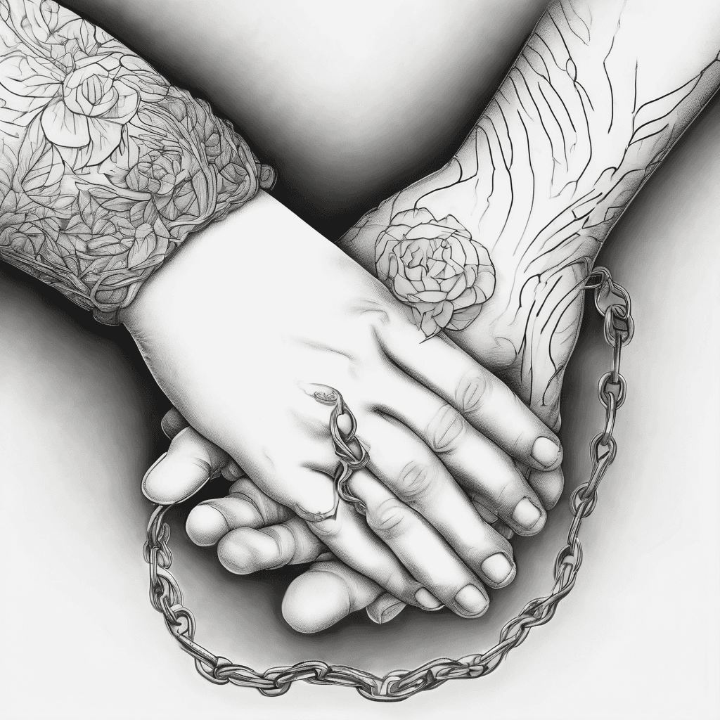 A minimalist linework tattoo design of a chain of holding hands: a man's strong hand gently holding a woman's delicate hand, which in turn holds a small child's tiny hand, symbolizing family love and protection. Continuous fine black lines, no shading, elegant and symbolic, placed on the upper arm / shoulder, high contrast, clean sharp outlines, tattoo stencil style, white background"