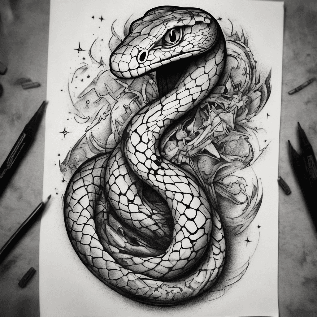 Una serpiente en el brazo diseñado mezclando estrellas y planetas, cómo si fuera una imagen de una serpiente en el universo