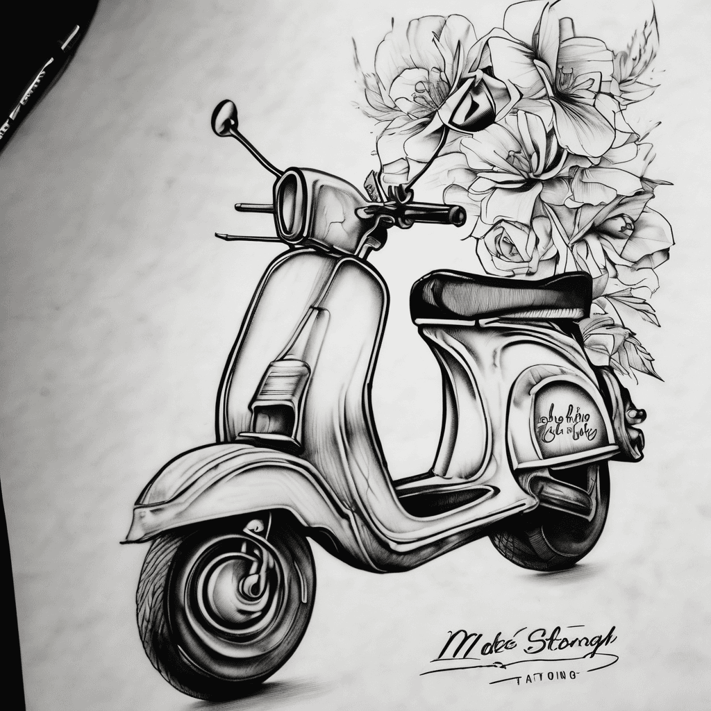 Make a black and white tatoo as a quote with Text saying Be tough. stay strong. with all the text in one line as 2 statements with a cursive font and add a small picture of a mobility scooter near the end of the writing