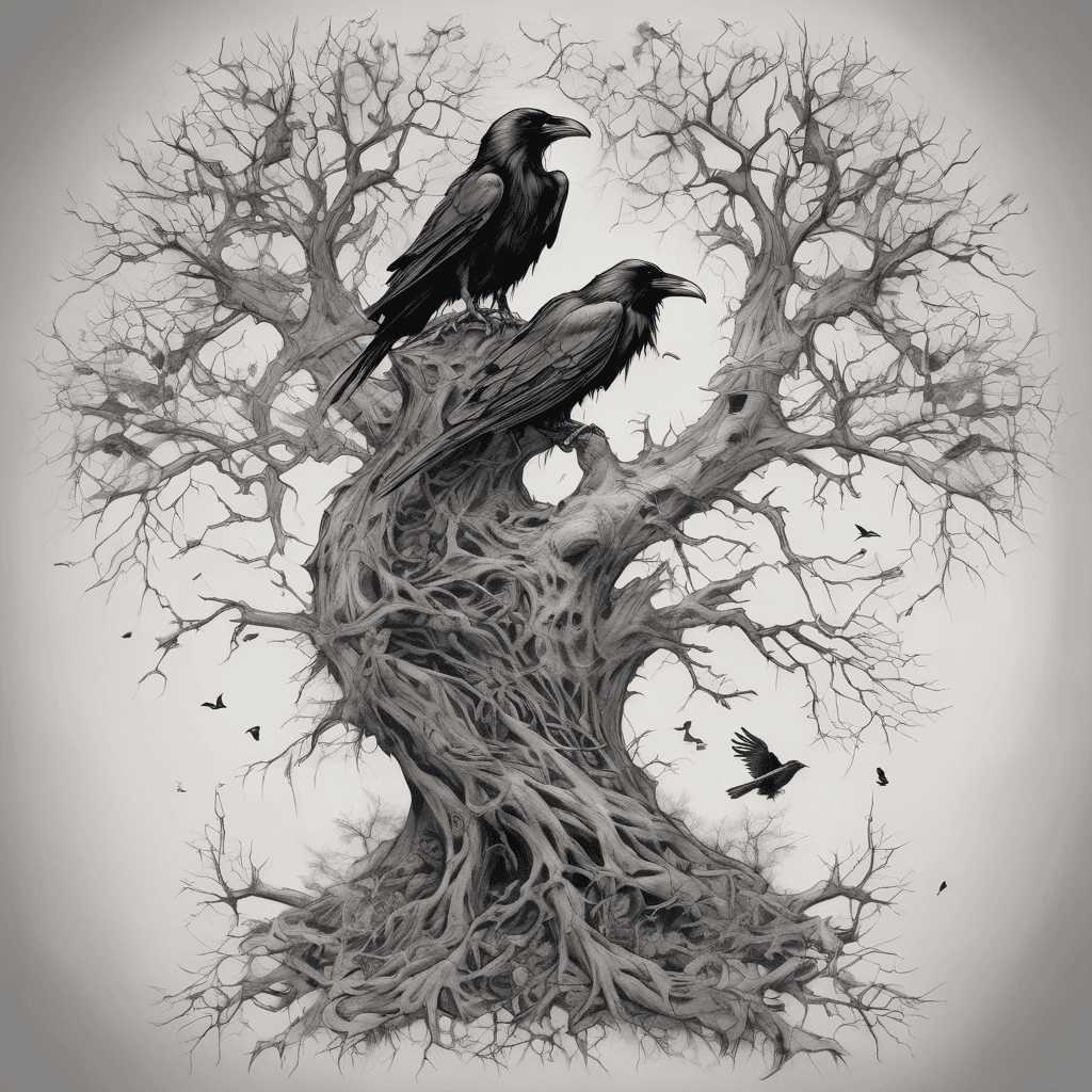 Gothic full-back tattoo starting at lower spine: a twisted, aged tree growing to mid-back. Ravens perched within branches and flying upward. Birds start smaller in the tree and gradually increase slightly in size as they move away. Some ravens wrap organically around the right shoulder and upper arm. A main focal raven sits on the right shoulder, slightly larger, highly detailed, wings in motion, with one glowing red eye (only color). Style is black and grey realism with gothic tone, elegant flow, and body-contouring composition.