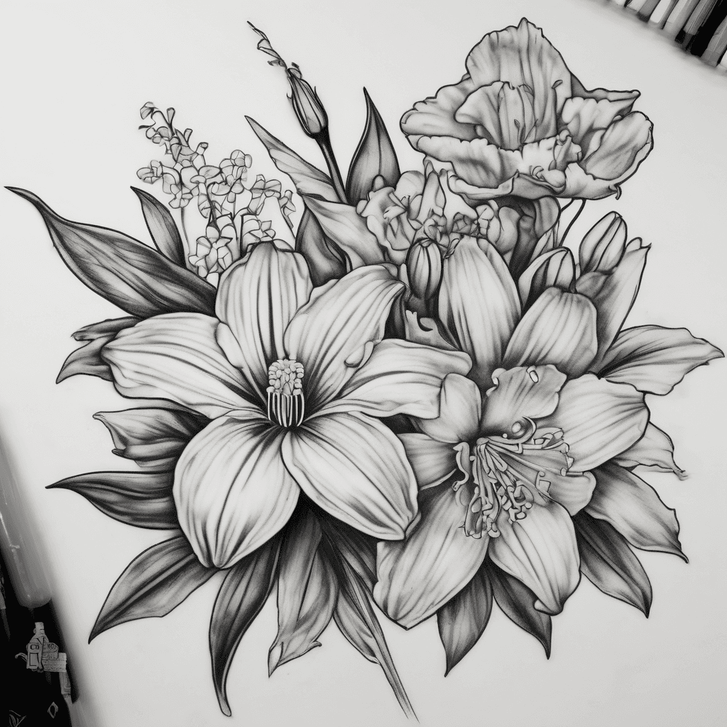 Create me a black line tattoo with daisy, daffodil, lily of the valley and a carnation and a marigold