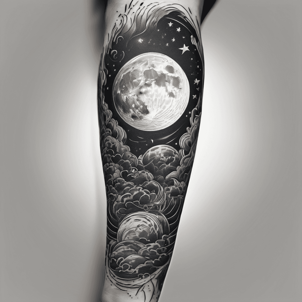 Whole sleeve moon,stars and sun