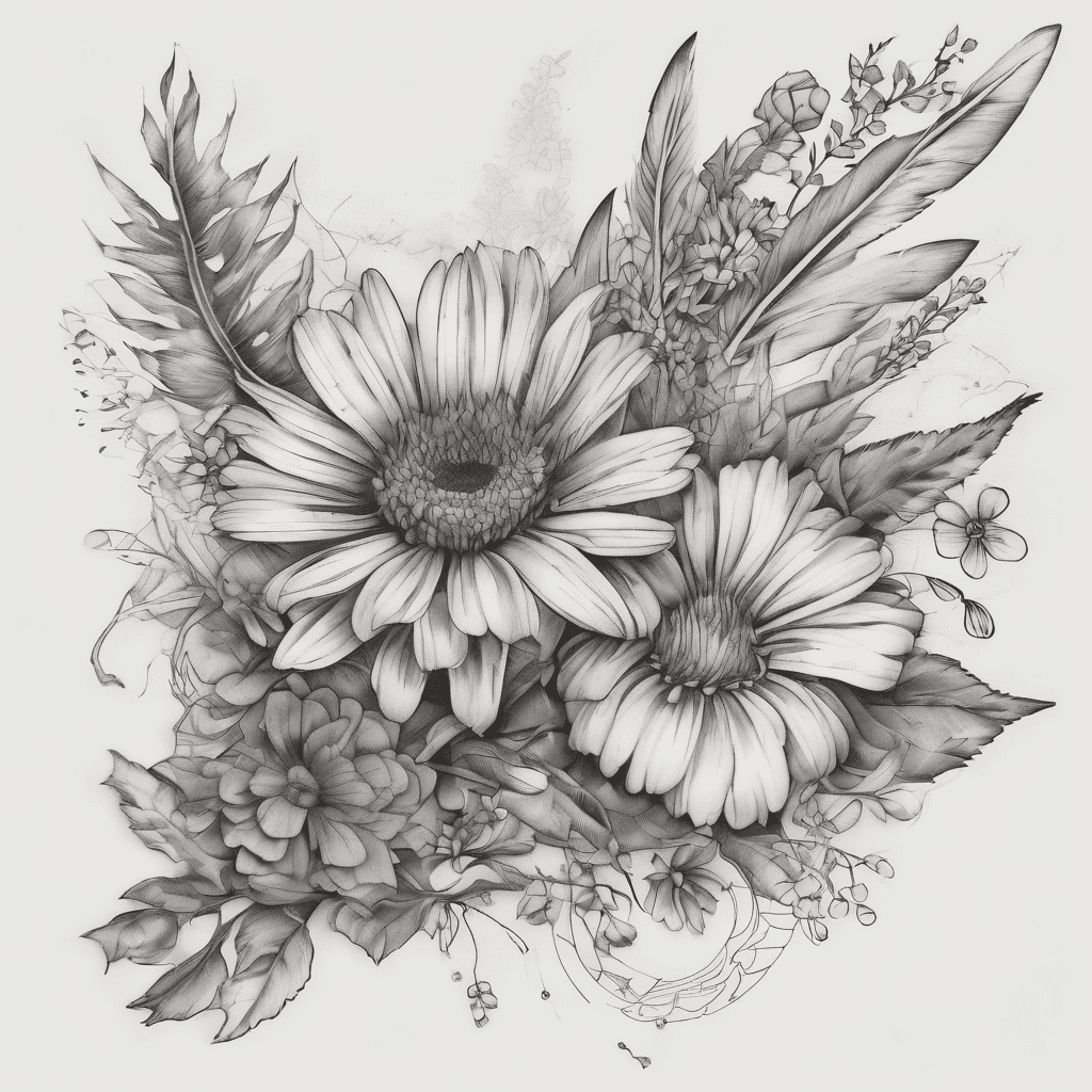 "Fine-line botanical tattoo design, black and grey, featuring a boho feather at the top, a floral pawprint with a rose center and the name 'Kira' in script, a larkspur flower stem, an aster daisy bloom, flowing vines and scattered leaves, quarter sleeve placement on upper arm, white background, tattoo flash sheet style"