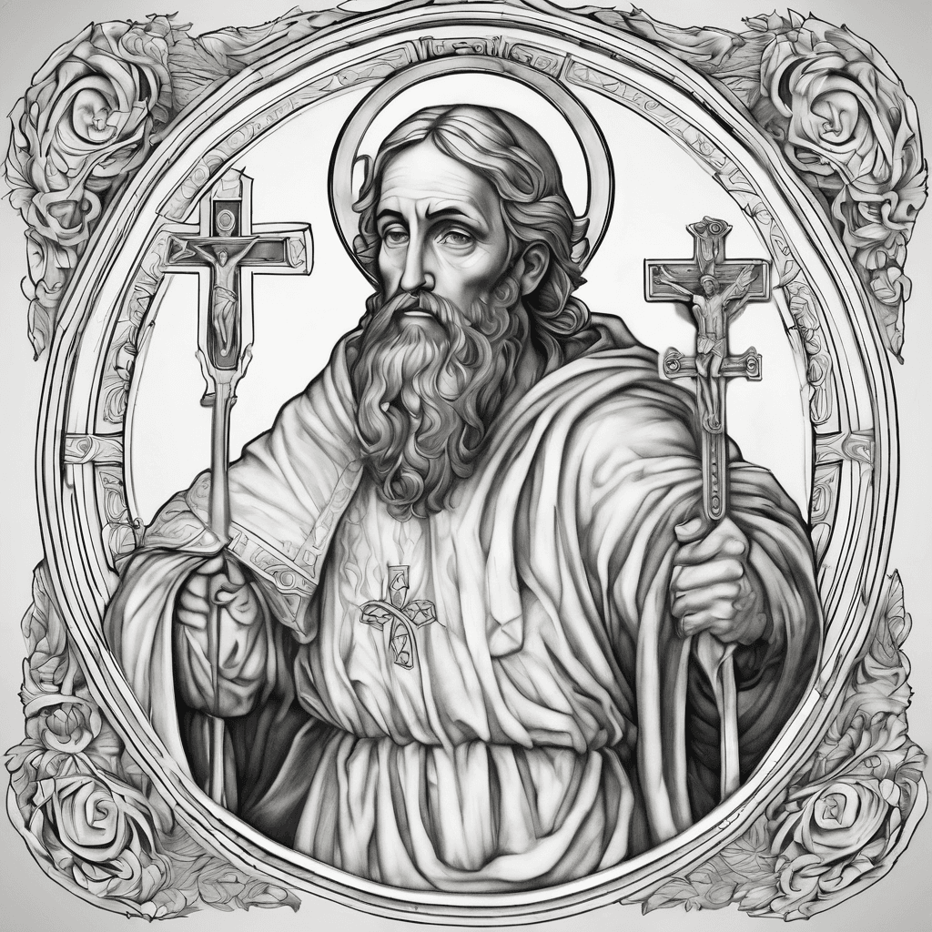 I need a simplistic tattoo of st. Paul in an orthodox art style preserve the style well. Mostly linework and light shading, no color. He has a sword with a cross shaped hilt in his right hand and bible in his left. The tattoo will be on the inside of the left pec in between the nipple and mid chest line.