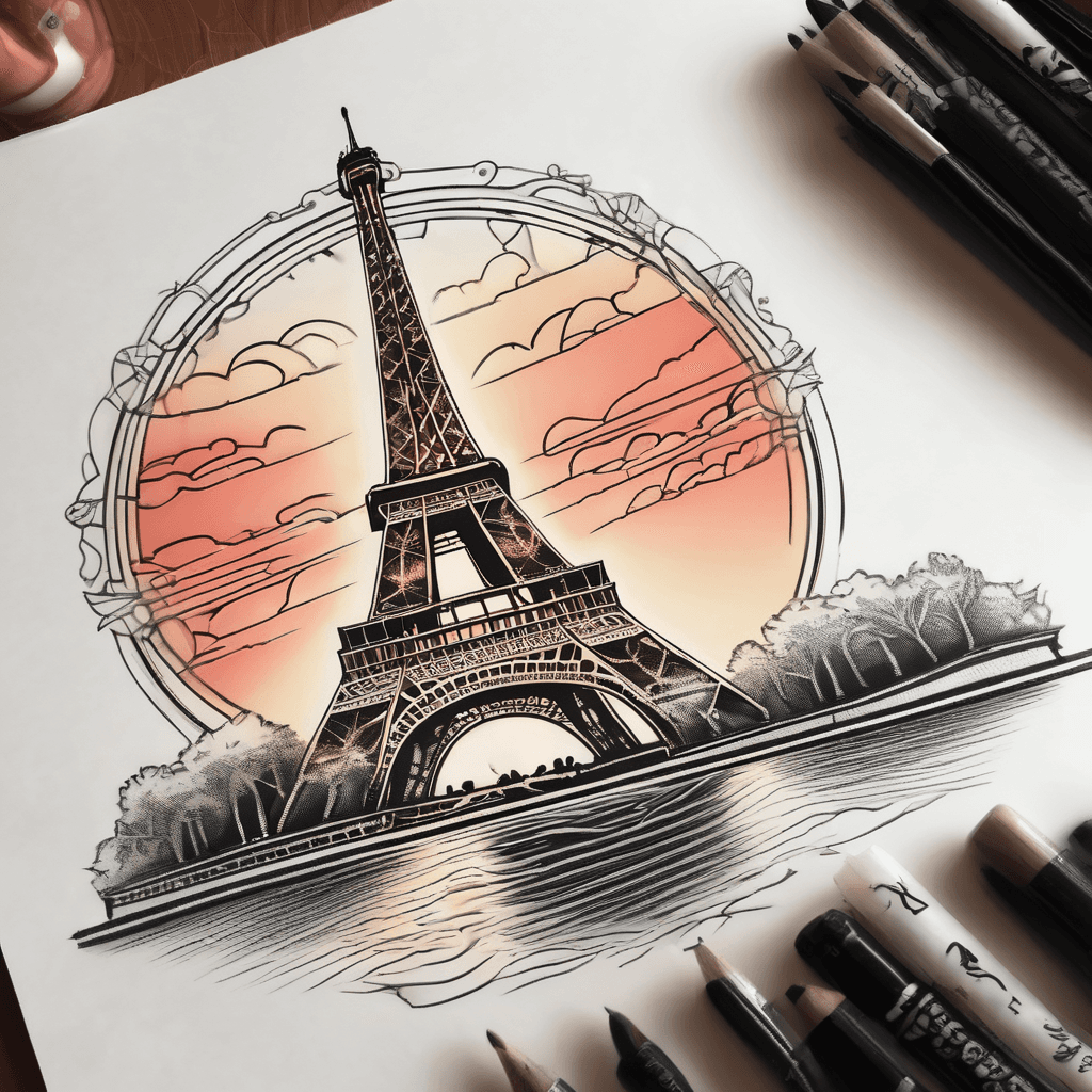 eiffel tower with sunset behind and a river band on the bottom