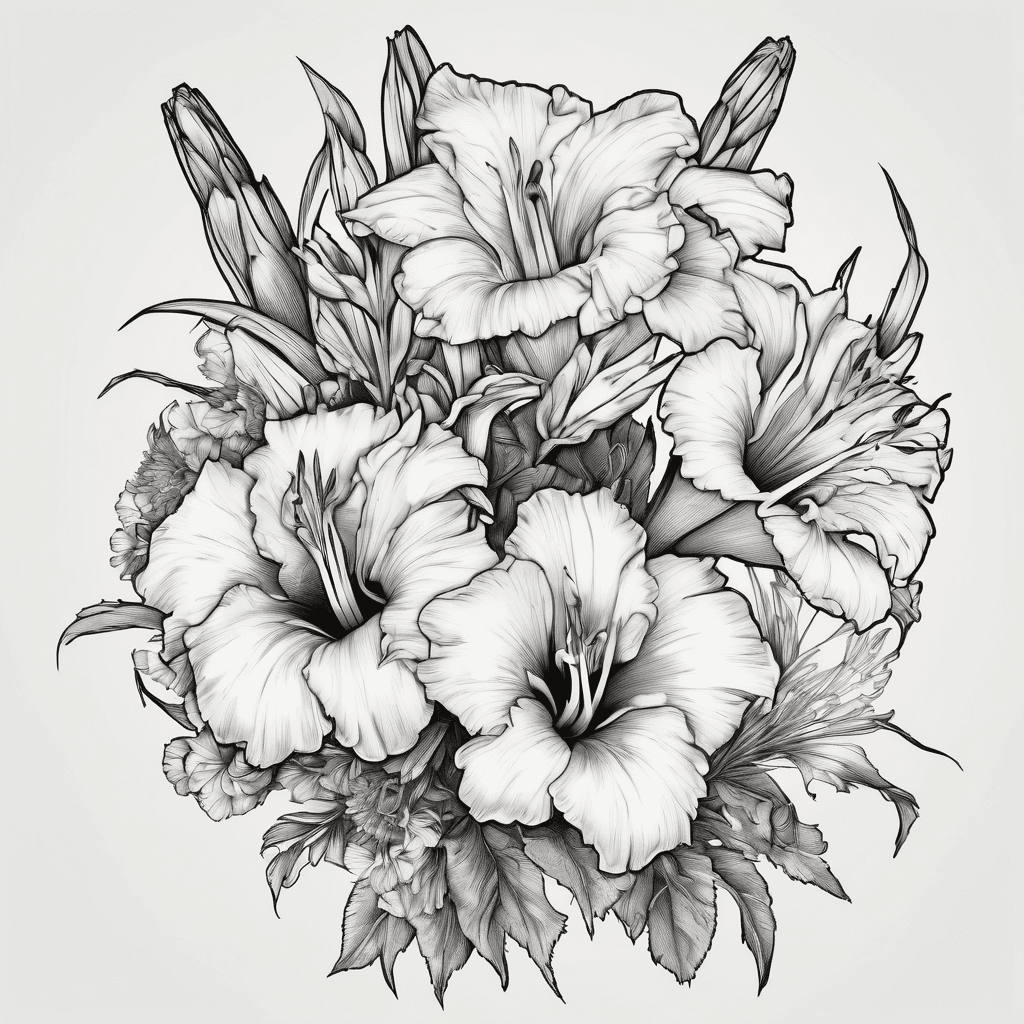 Gladiolus, morning glory, marigold and chrysanthemum in a bouquet