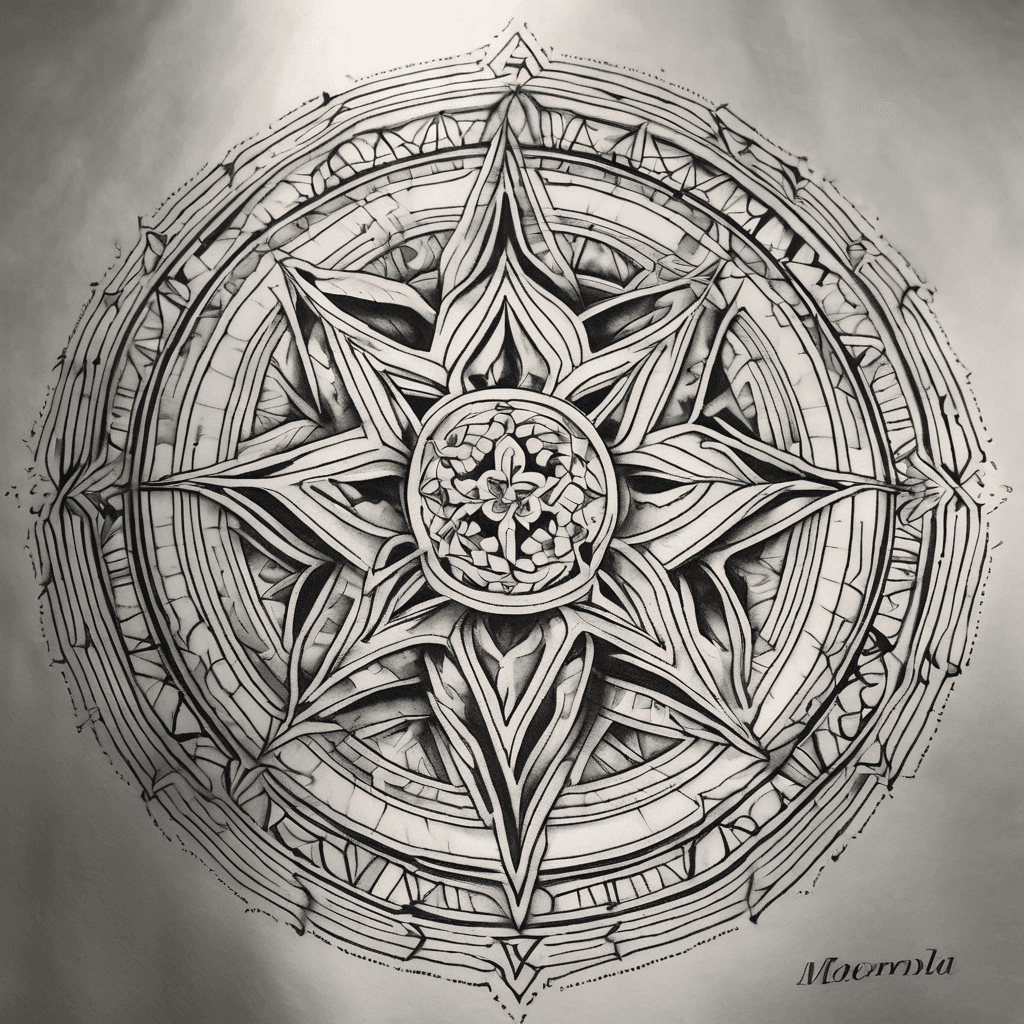 Christian mandala half-sleeve, light Chi-Rho core fading to black geometric shadows, shoulder to elbow