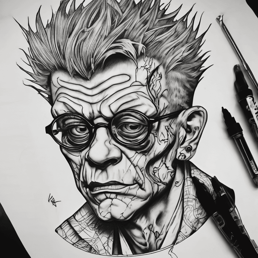 Dr. Franken Stein Soul Eater, blackwork tattoo design, heavy shadows, deep contrast, stitched face and screw head detail, intense eyes, smoke from cigarette, horror anime aesthetic, bold black ink, high detail, no background, skin break highlights, tattoo flash style
