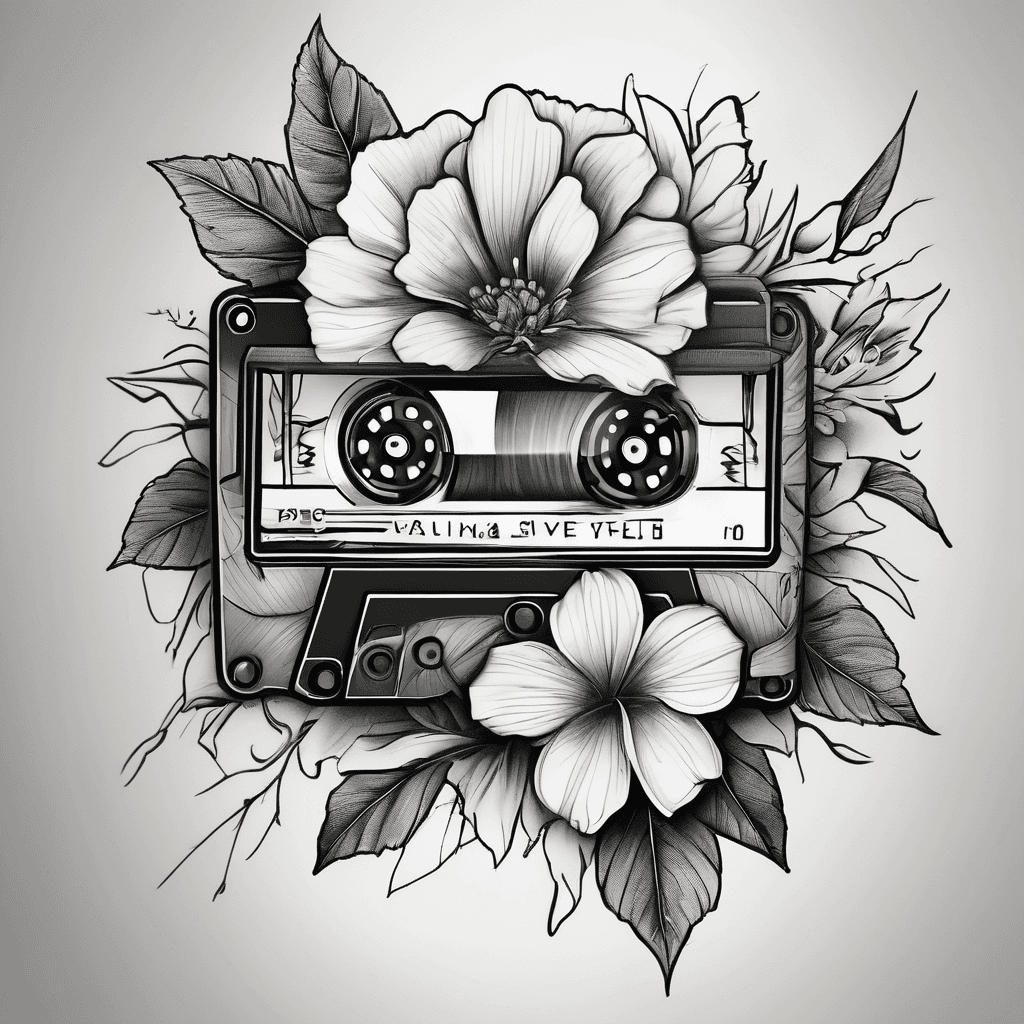 black and grey style tattoo of a cassette tape, but the tape creates a flower.