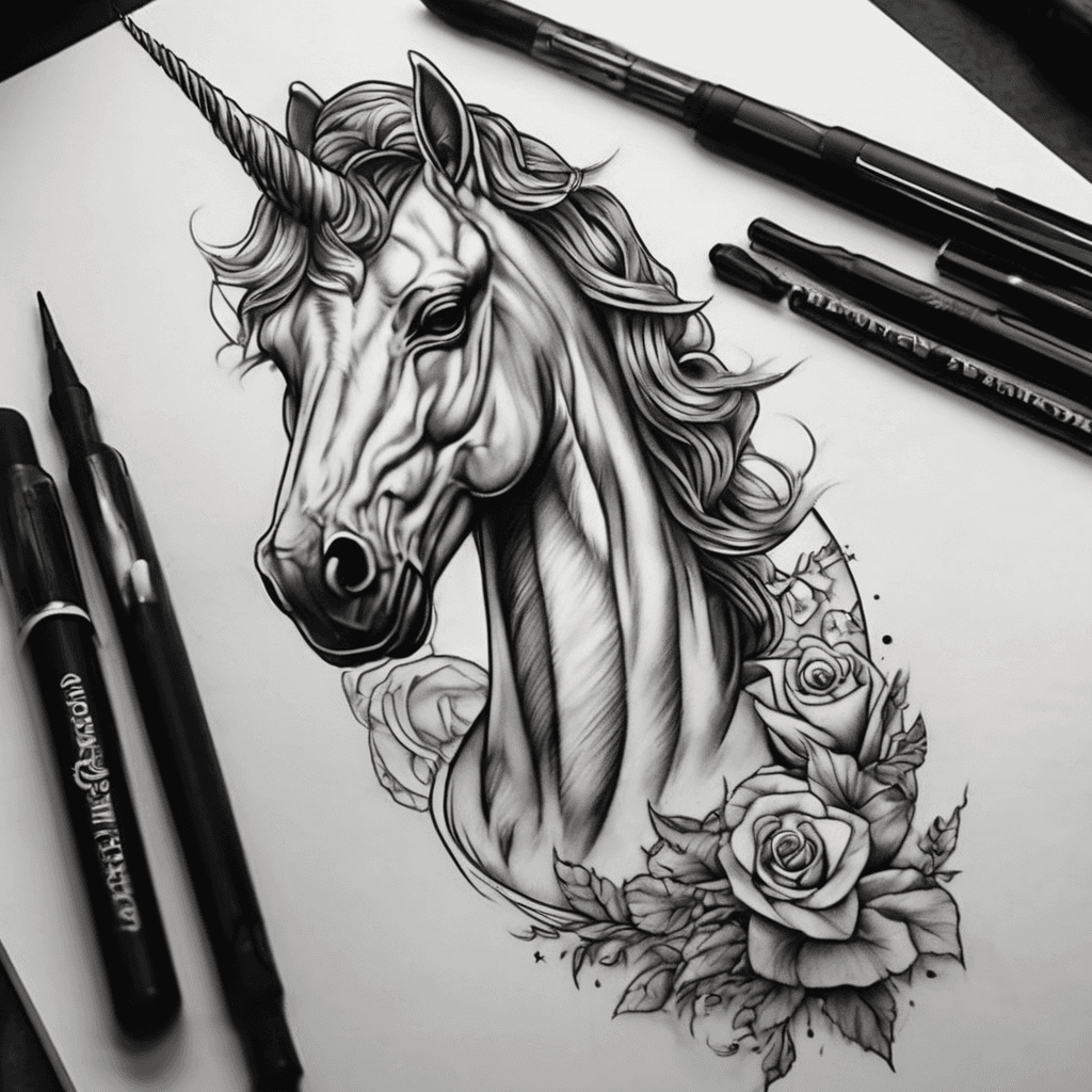 classic realistic tattoo on a man's forearm. I would like the design to contain hidden meanings. Ideally according to my daughter, who is a Gemini, I would like to have a unicorn, date 22.5.2021. The other daughter is an Aries