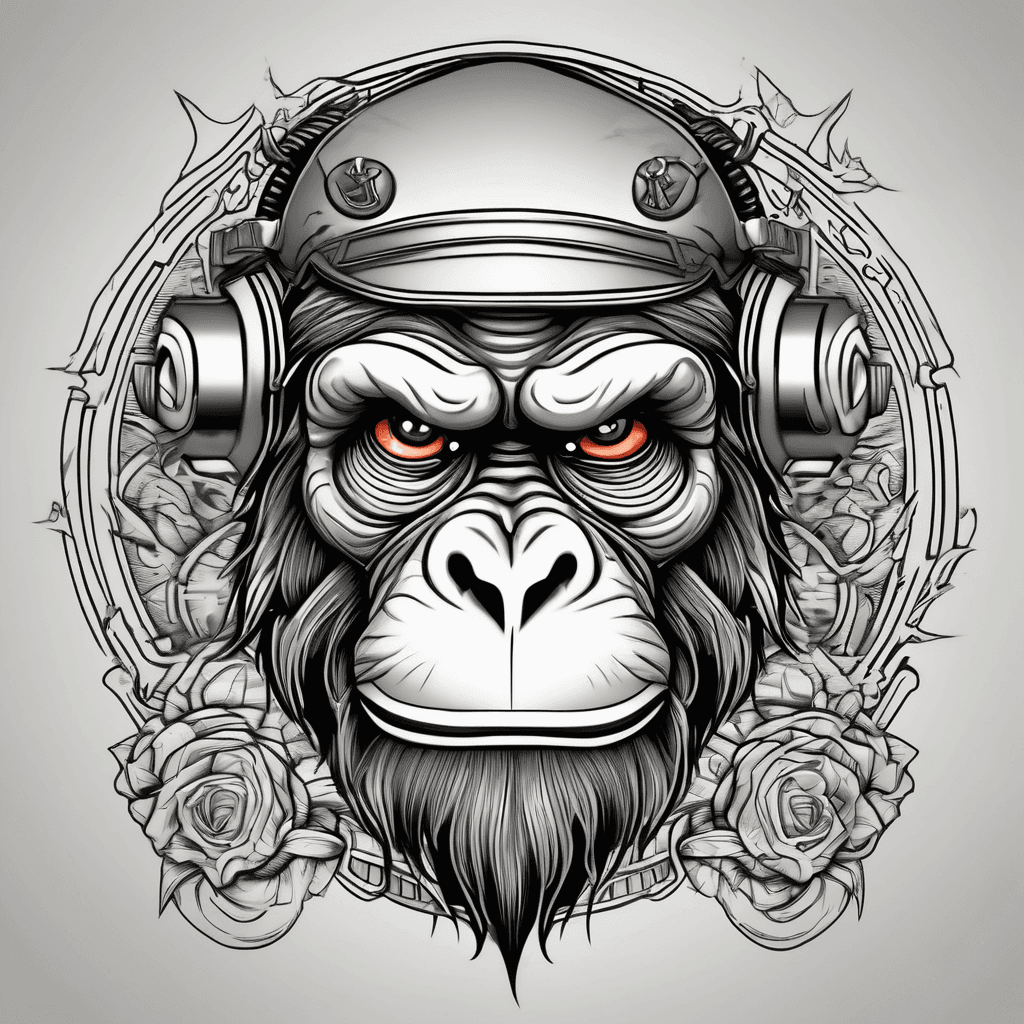 Grumpy monkey wearing a leather a Harley motorcycle in American traditional tattoo colors
