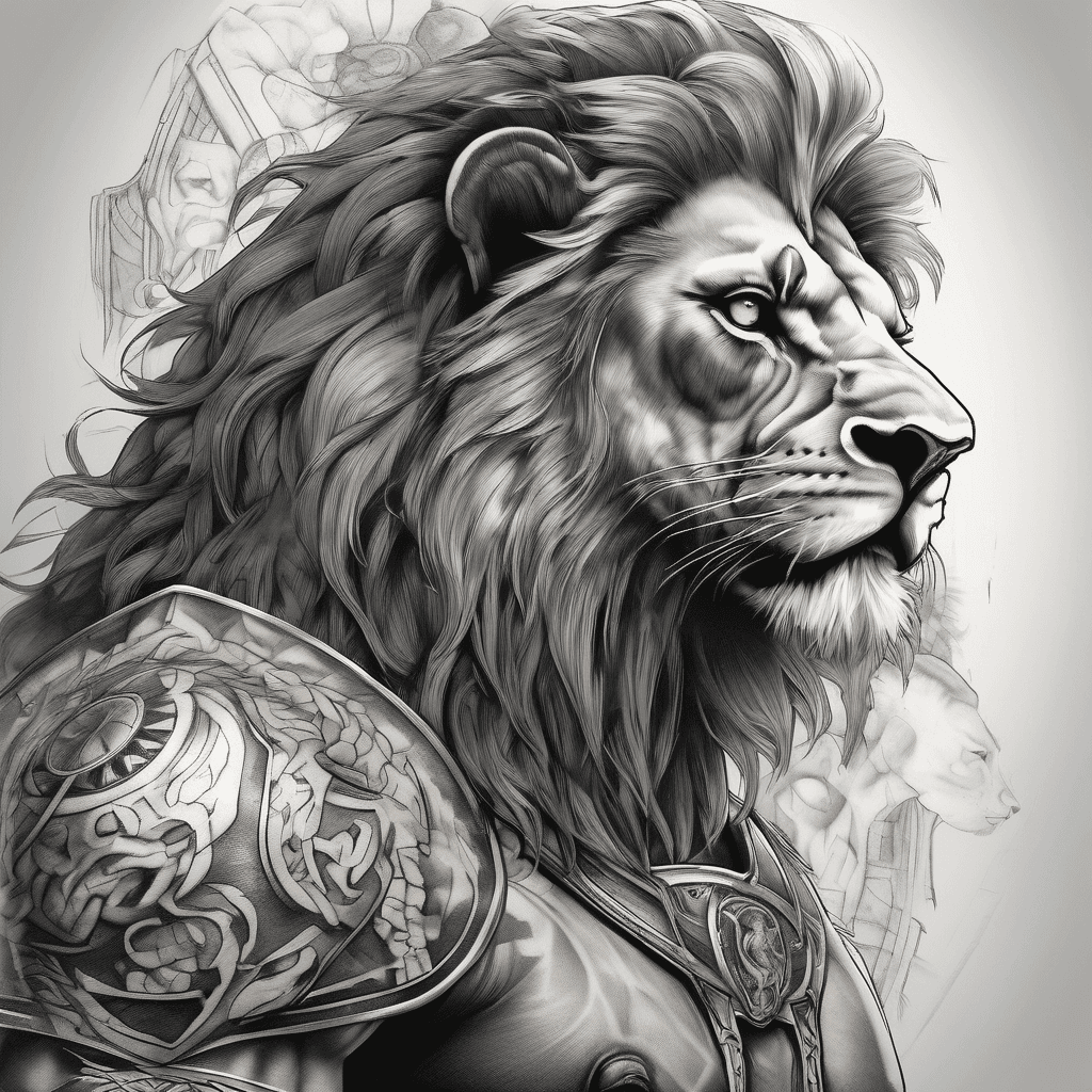 Highly detailed black and grey tattoo design of a powerful lion standing beside a Roman gladiator, both facing forward, dramatic lighting, strong shadows, hyper-realistic, intense look, muscular anatomy, smoke and dust in background, tattoo stencil style, clean linework, high contrast, white background
