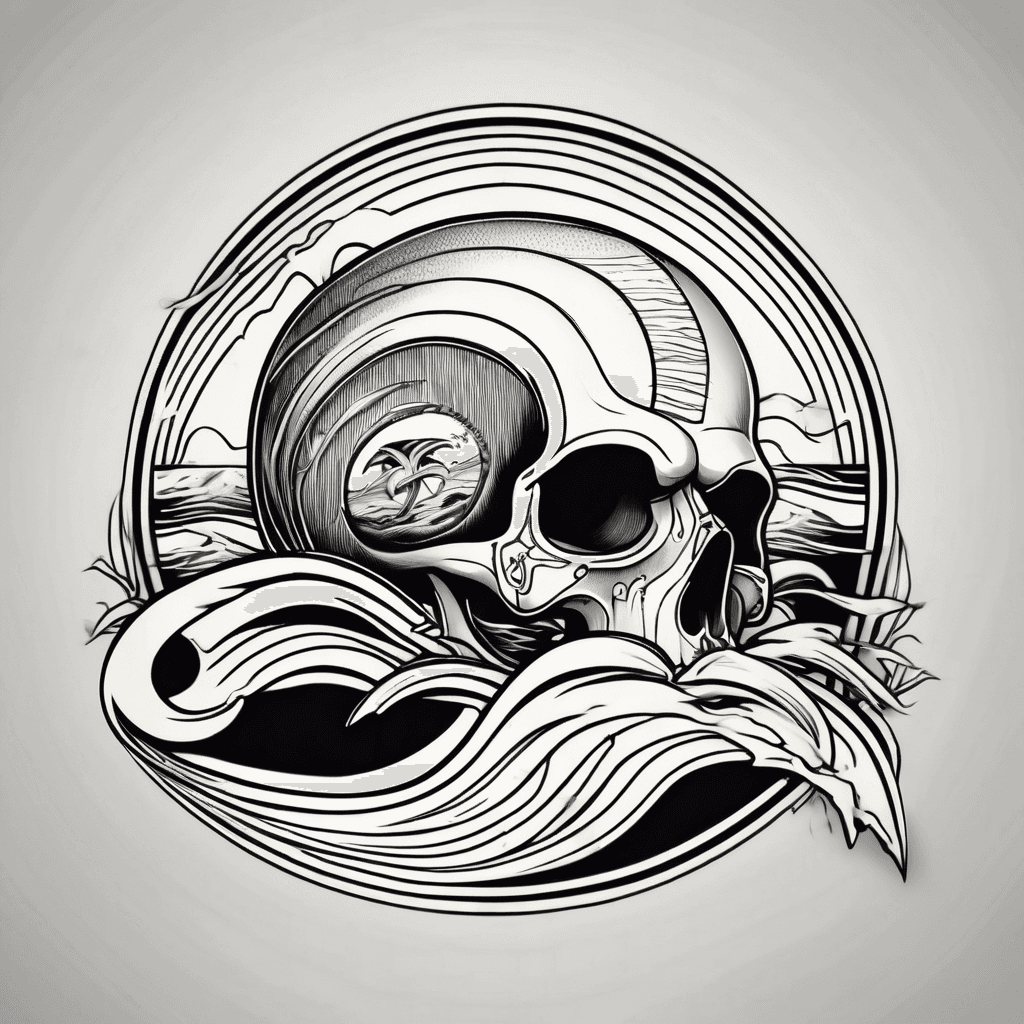 Wave with half a skull and two surfboards crossing each other
