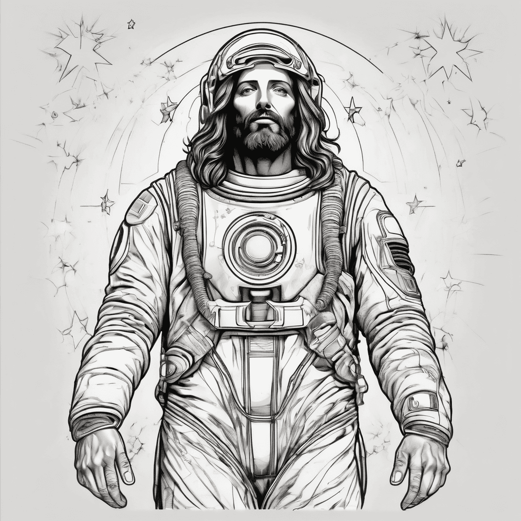 Jesus in spacesuit holding helmet stars in background