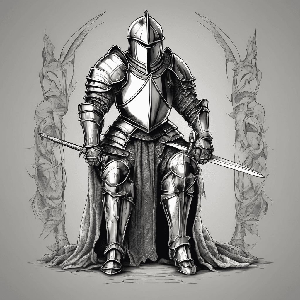 Knight with great helm bowing knee with swords in ground
