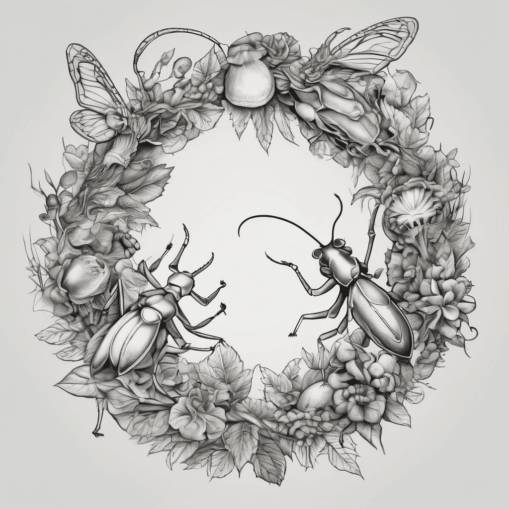 Whimsical wreath with bugs, mushrooms and praying mantis