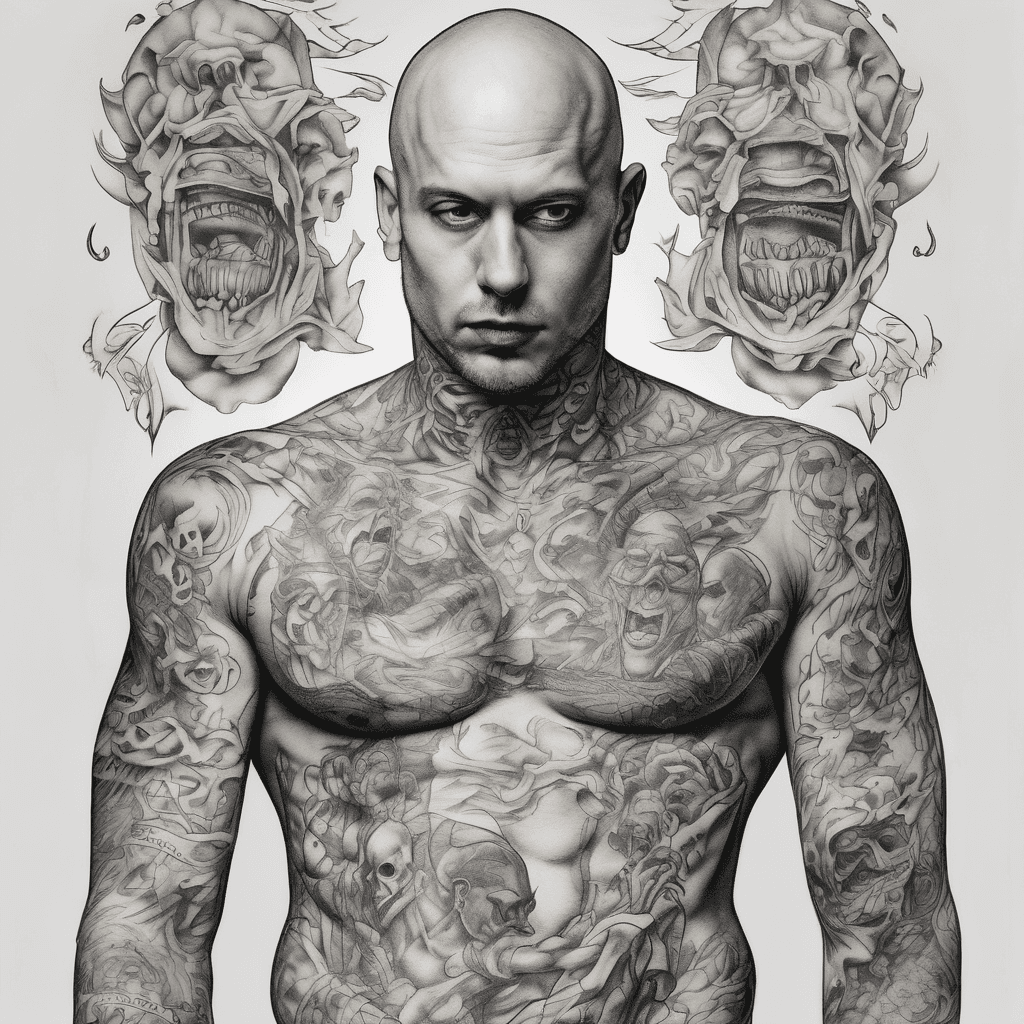 Backpiece tatoo depicting a bald man with a chinstrap pulling off a demonic mask pulling pieces of his skin with it. Behind the man on the left is all demonic images and infront on the right is all heavenly with script saying i can finally shed this shameful disguise