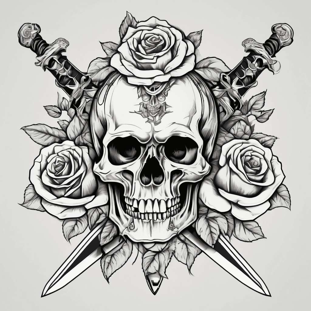 Skull sword roses lion