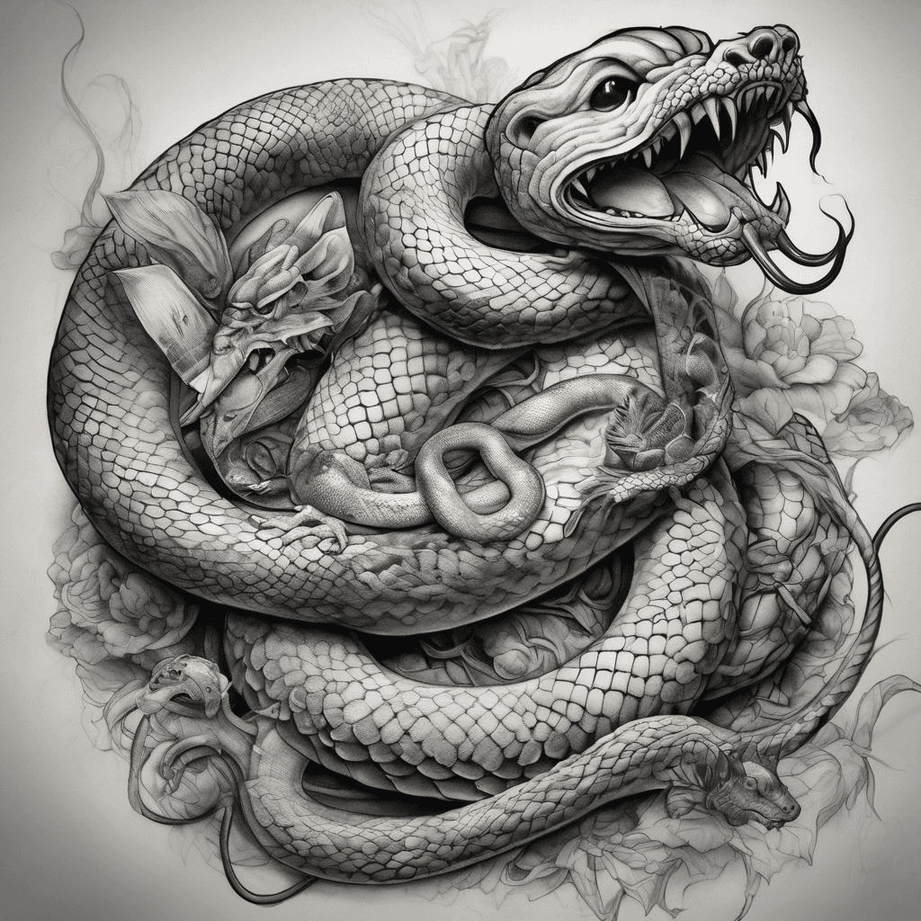 Japanese foundation but with some fantasy and gore; mainly black and white. Two mice fighting a snake; placement is tight on the right leg. One mouse should be pulling the snake tongue, and the other on top of the snake's head. Just draw the snakes head for now, as large as everything can fit on the front of the tight.