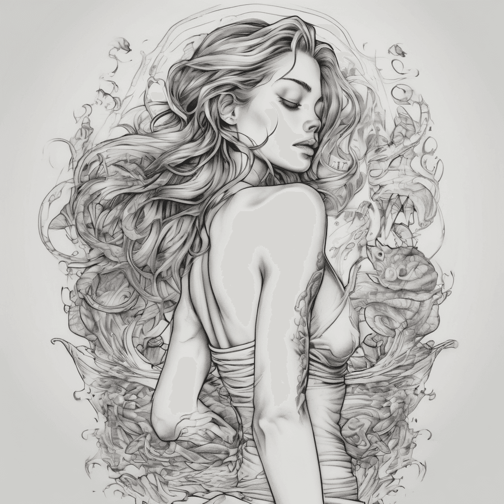 Design me a tattoo for my rib cage. It should be a topless mermaid drowning a sailor. The phrase " it's a silly time to learn to swim" should curve over the top. The phrase "when you start to drown" should be underneath.
