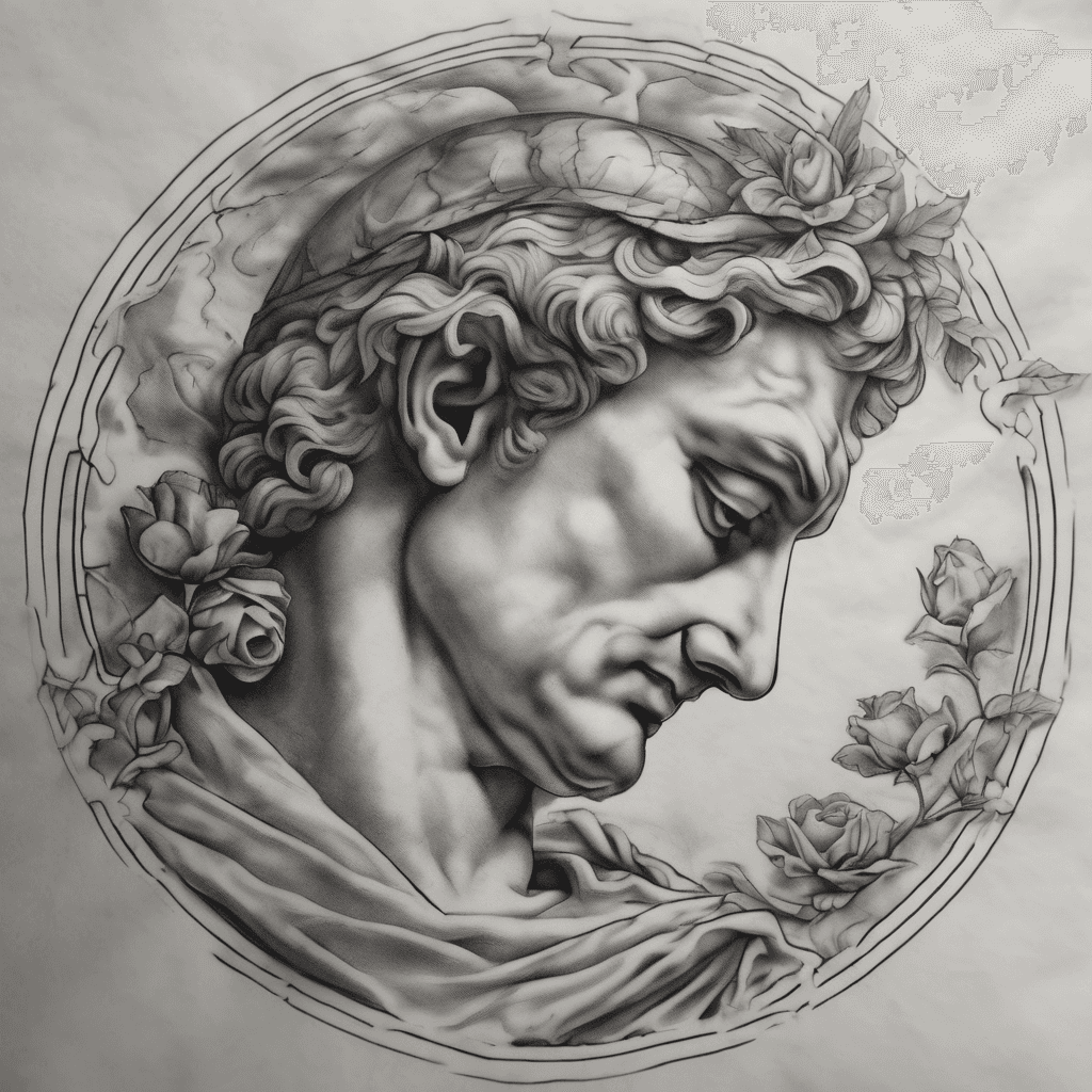 Leone con sotto le due mani di michelangelo che si toccano con sotto la scritta tempus omnia revelat e sotto una rosa con scritto 1938 sotto (progetto per un braccio)