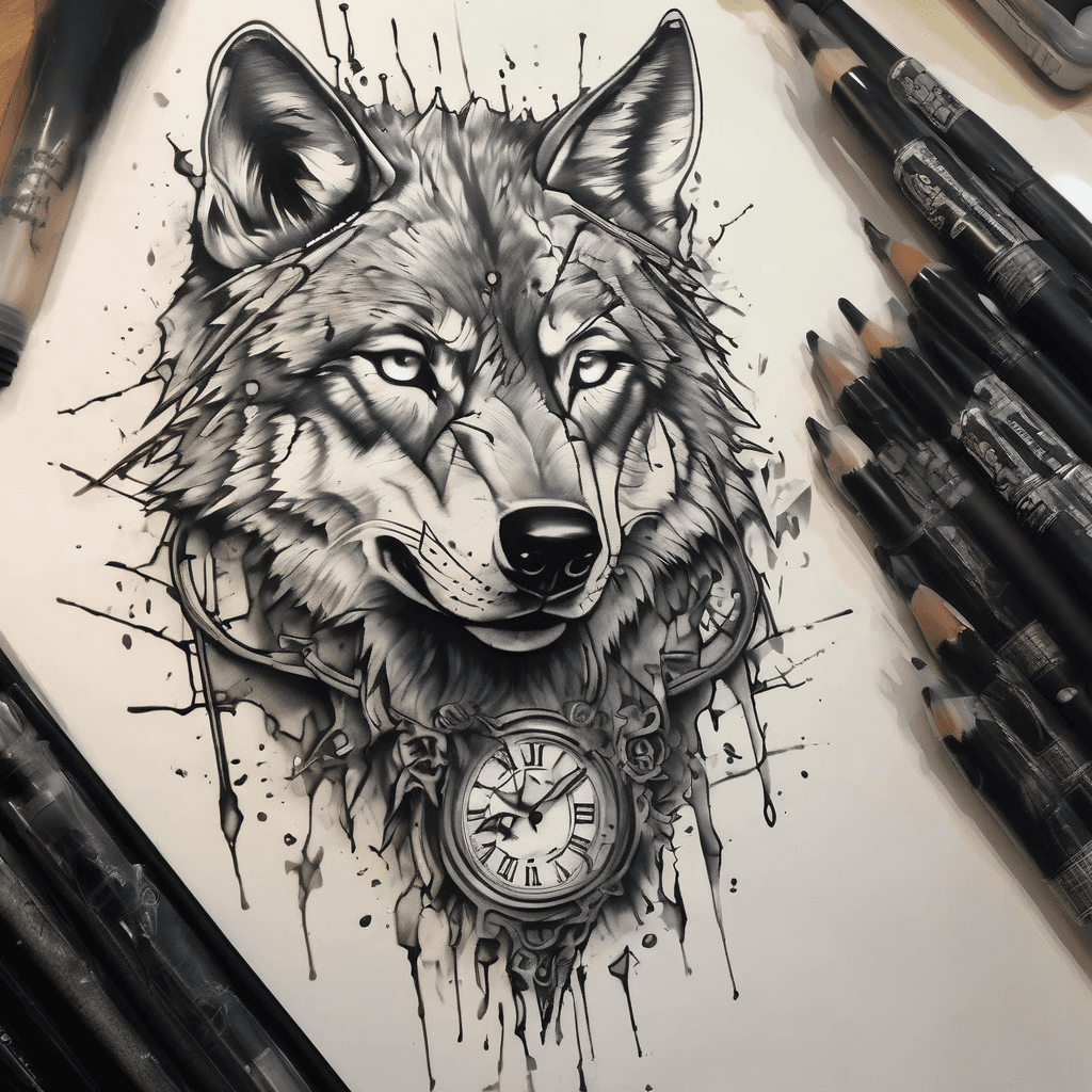 A powerful wolf portrait with piercing dual-colored eyes, fused with a shattered Roman numeral clock and ink-splash effects, symbolizing strength, time, loyalty, and transformation