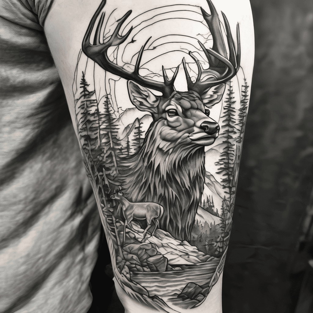 Nature tattoo that involves fish, deer, elk, cougars and a bald eagle in their natural element. A man and boy fishing for a left arm sleeve