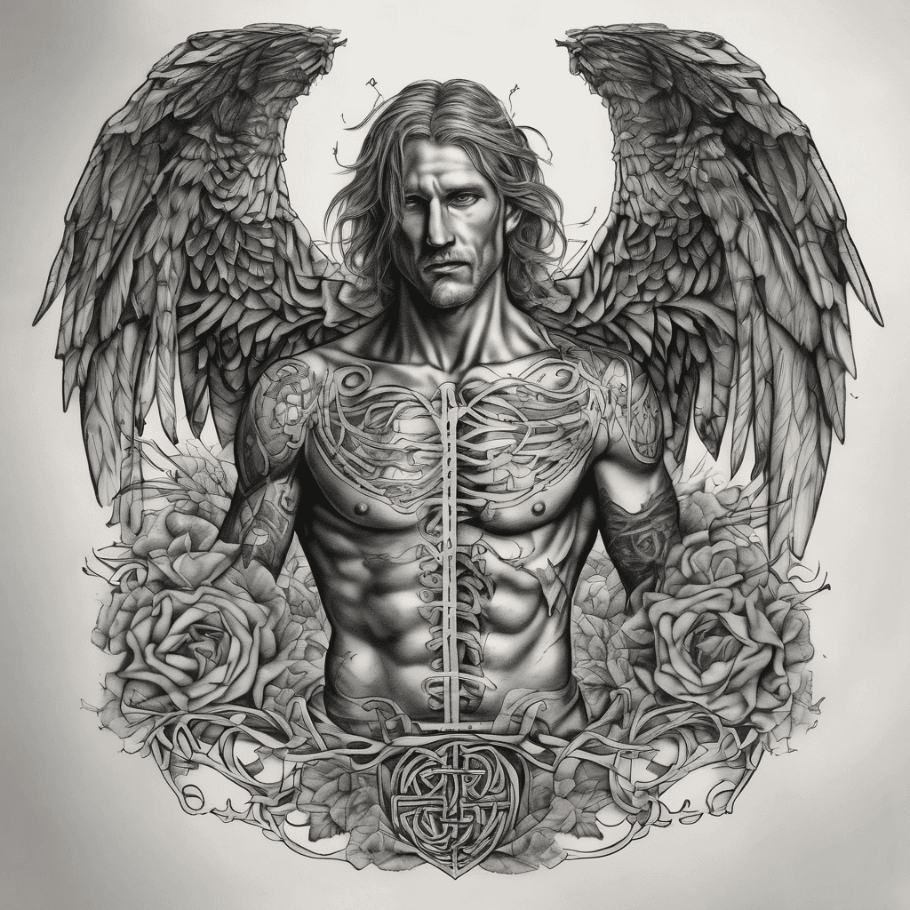 chest and rib cage tattoo, for men with celtic and catholic symbols/imagery. must have these lyrics:God save your soul turned inside. This is a hymn of a broken man. If you could only see the truth, for pride has blinded you. Feel with your heart, disregard has killed you once again.