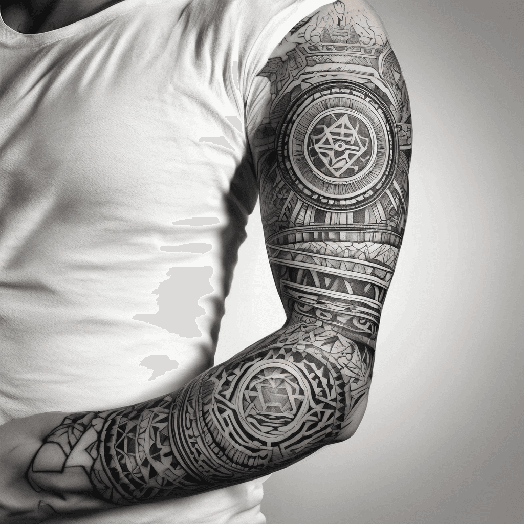 forearm half sleeve blackout tattoo design with lines, circles, geometric Aztec looking for negative space