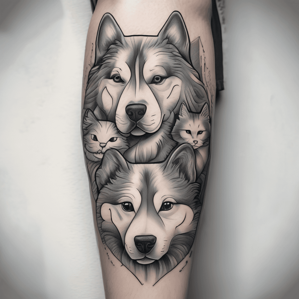 2 alaskan malamutes and 3 cats on sleeve