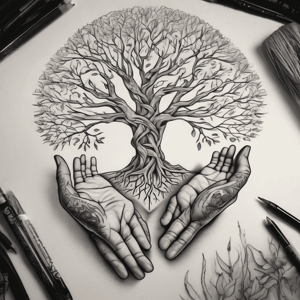 Family.father two sons and mother together watching sunset beneath them two open hands and grow tree of life from the hands surrounding the family