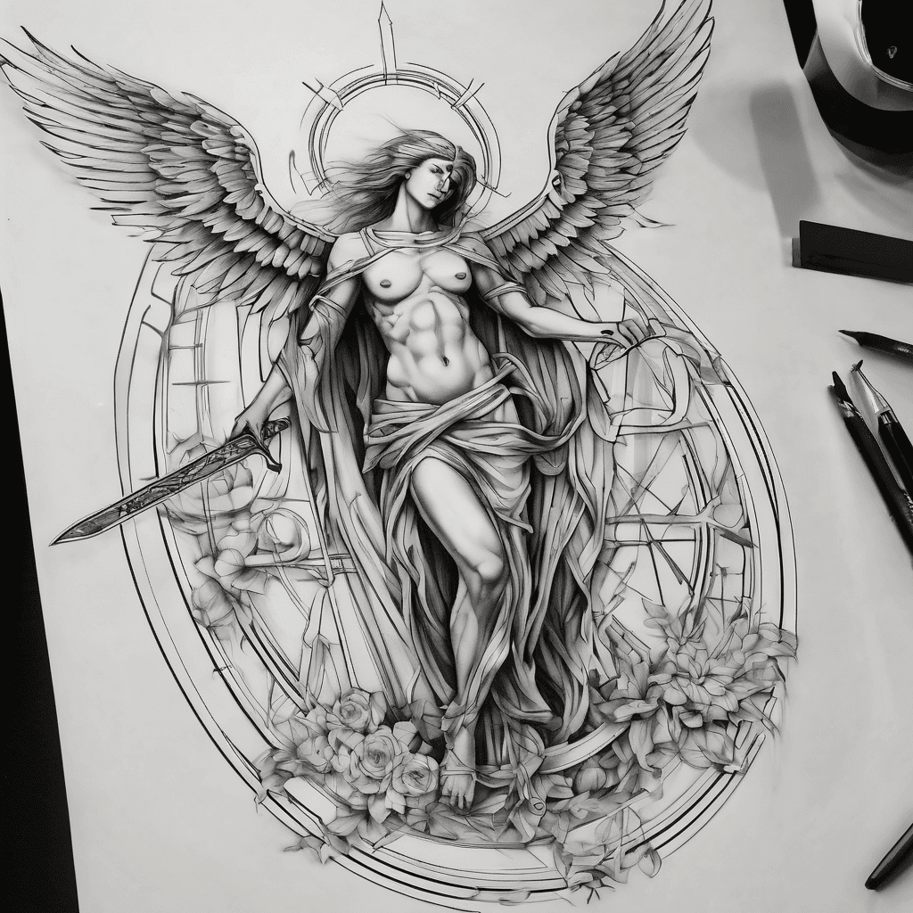 Minimalist artistic line tatoo which arch angel licheal sword and also a septer and a cross structure in the same structure.