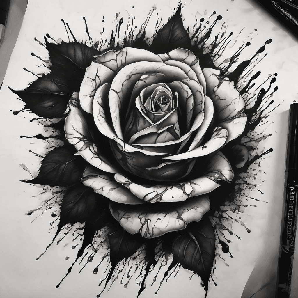 Single rose full bloom, crimson blood dripping from petal edges, gothic dark atmosphere, heavy black ink petals with grey wash shading, ink drips running down stem, sharp aggressive thorns, dramatic shadow under petals, black and grey with deep shadow pools, inner bicep placement, blackwork realism style