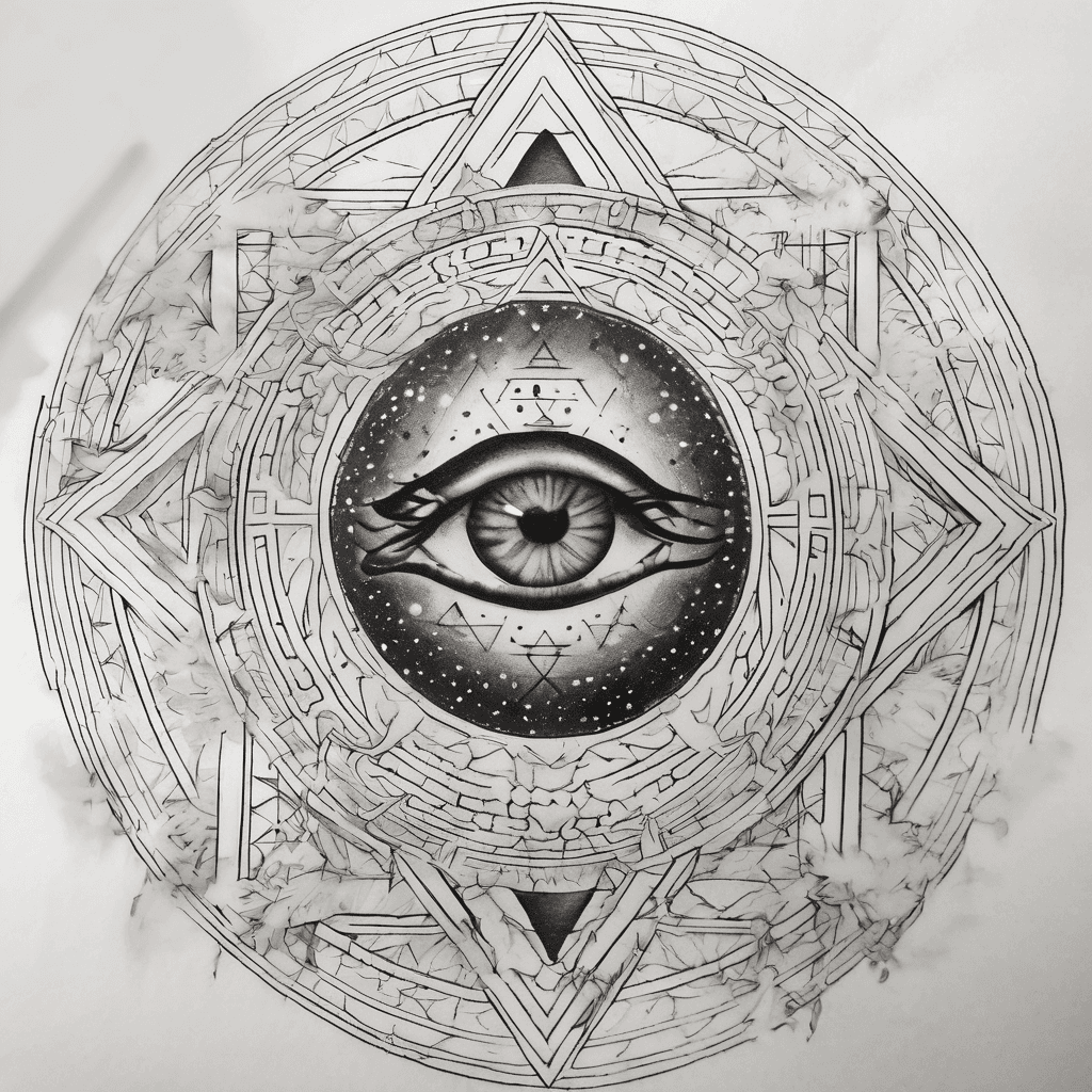 Minimalist fine-line tattoo design, centered on upper back. Central element: a realistic human eye with a galaxy nebula inside the iris, representing the witness consciousness. Surrounding the eye: a precise golden Sri Yantra sacred geometry symbol, interlocking triangles for wealth manifestation. Outer layer: subtle faint Flower of Life pattern in grey wash. High contrast, black and gold ink on white background, symmetrical, spiritual, high vibration, vector style, clean lines for tattoo stencil."