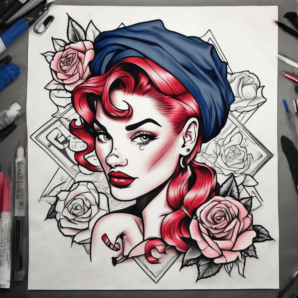 modern pin up style rose the riveter with red hair and a navy blue bandana flexing her arm with a pink breast cancer ribbon on her bicep.